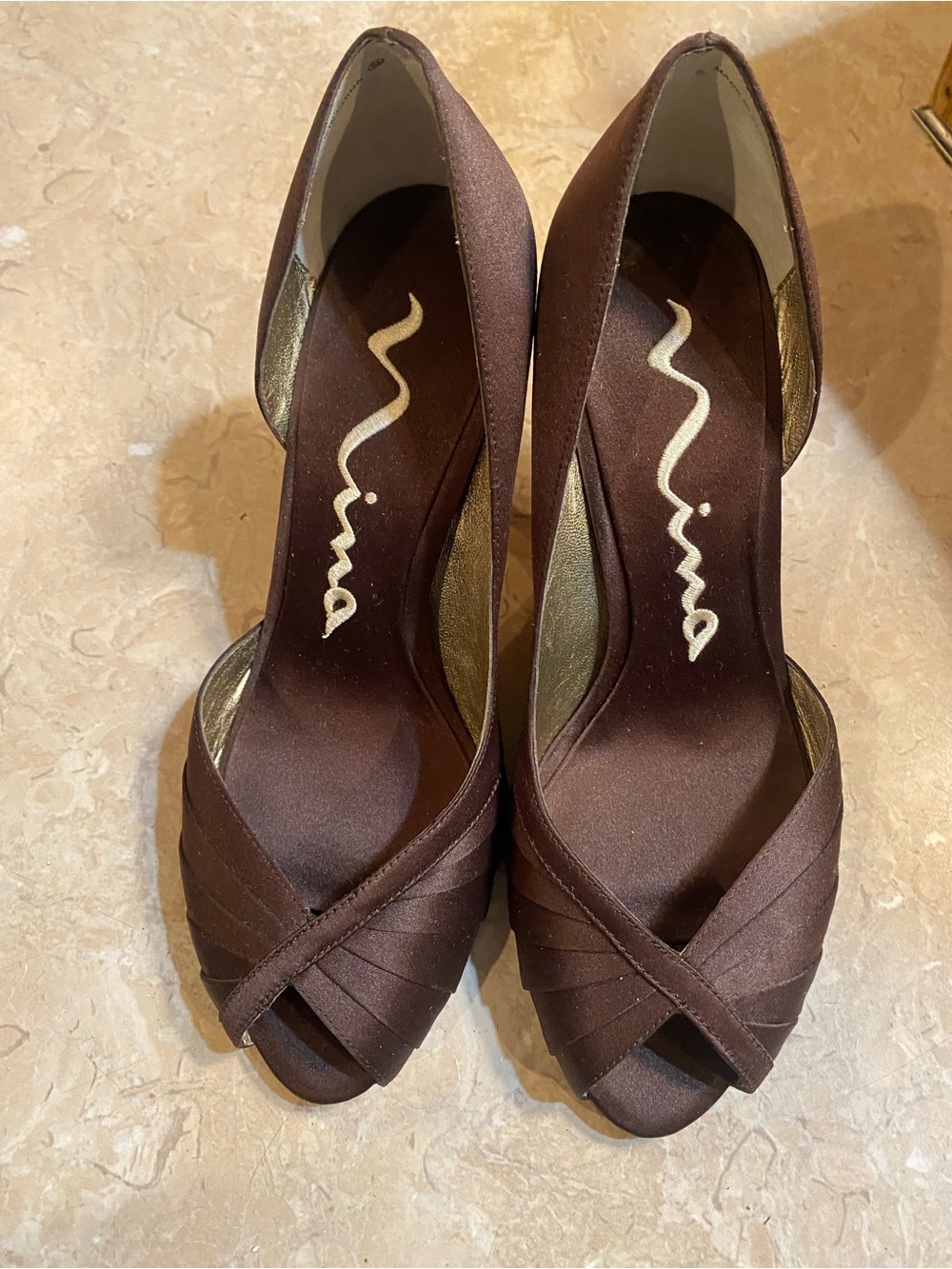 Nina Brown Satin Crisscross Peep-Toe Pumps
